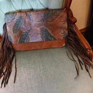 Bohemian Feather Pattern Fringe Leather Clutch
